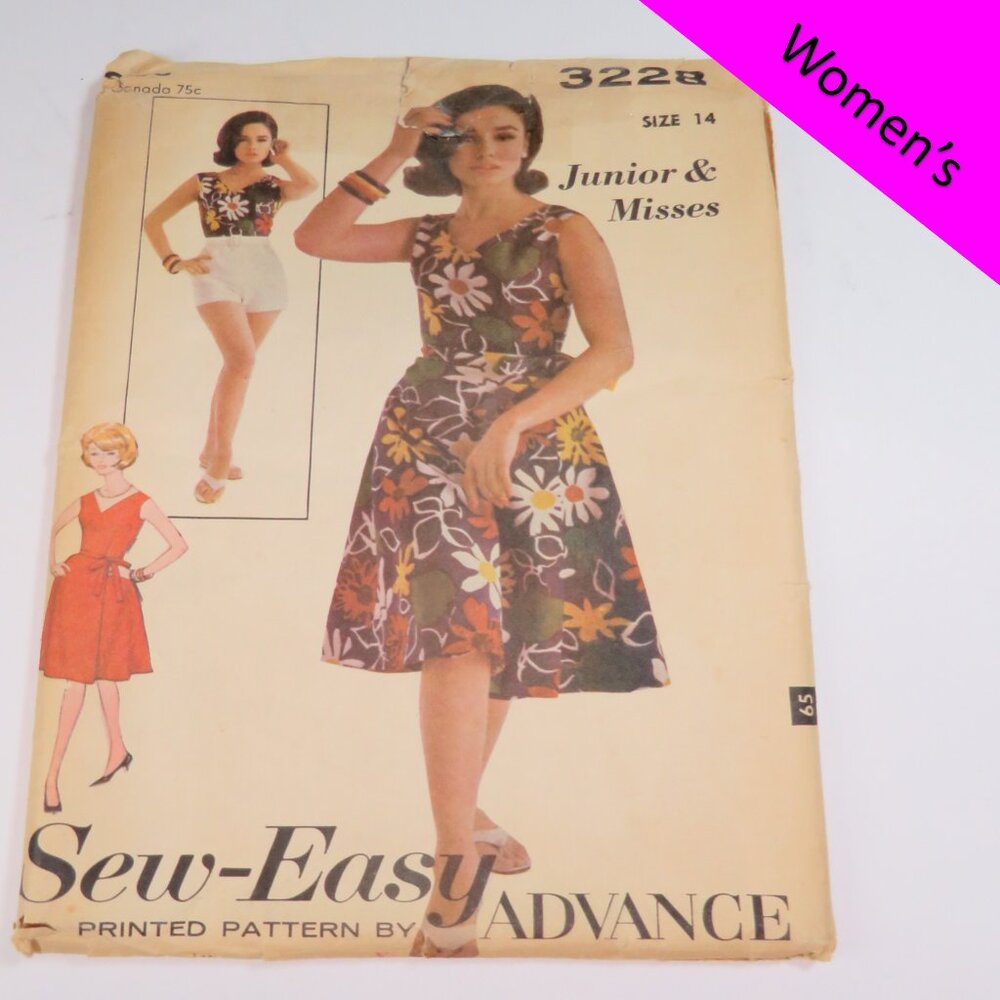 advance 3228 one piece playsuit shirt - shorts, wrap around skirt ROMPER UNCUT